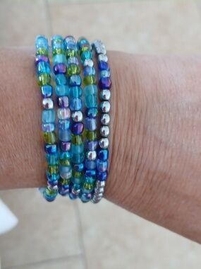 Multicolor Blue & Green Seed Bead  Bracelet With Hematite Accent Beads Set Of 5